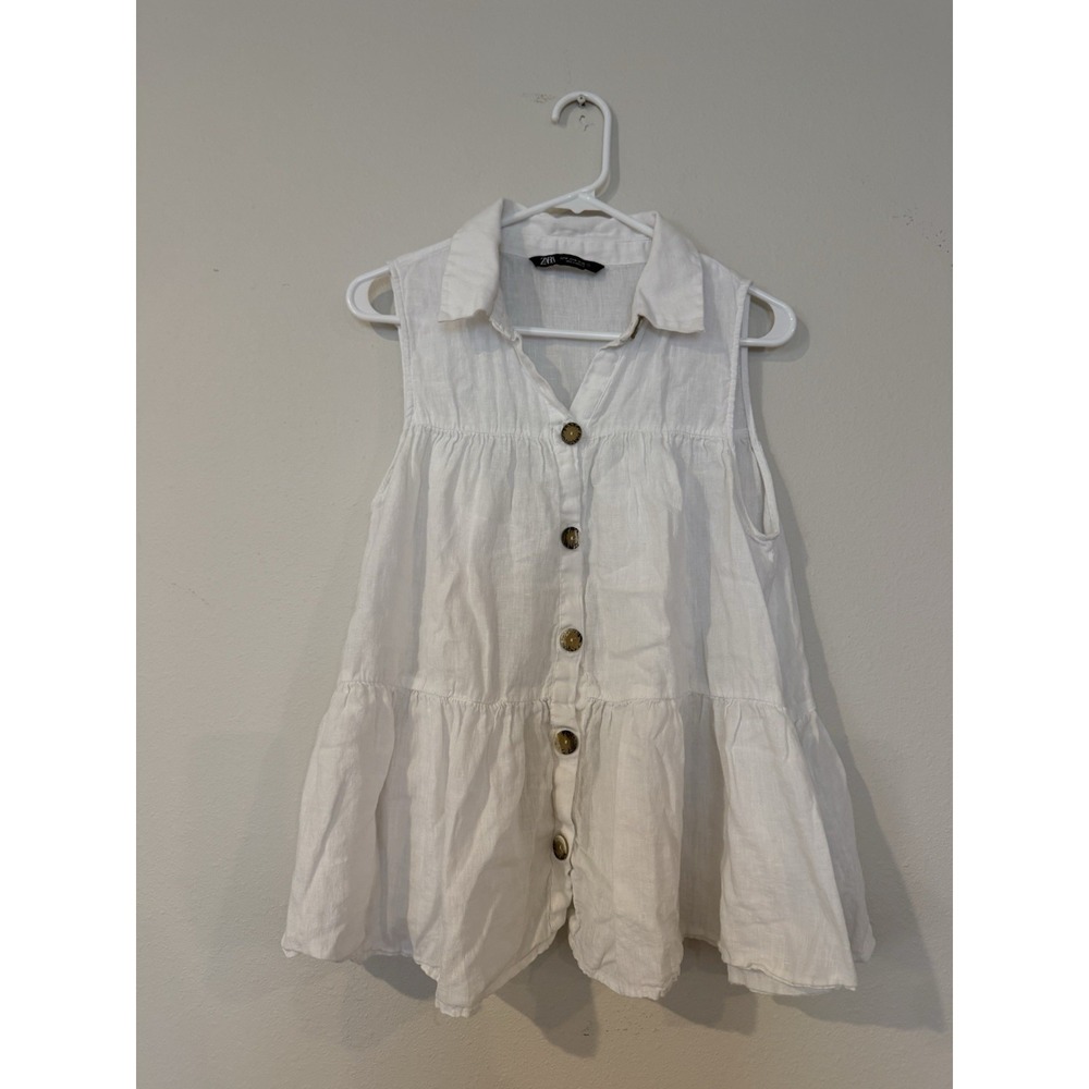 Zara Linen Long White Button Up Babydoll Blouse/mini Dress Size Medium